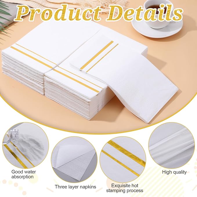 200 Pcs Disposable Napkins 3 Ply White and Gold Trim Napkins Soft Absorbent Paper Guest Towels for Bathroom Wedding Dinner Anniversary Bridal Baby Shower Birthday Party