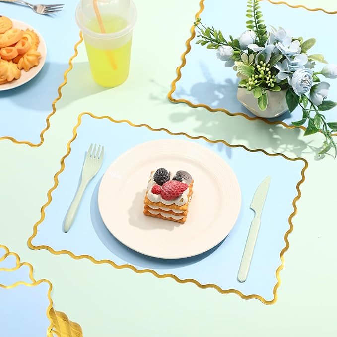 150 Pcs Disposable Paper Placemats Bulk 10"x14" Rectangle Place Mats with Scalloped Edges Dining Table Mat for Wedding Birthday Easter Party Table Decoration(Baby Blue)