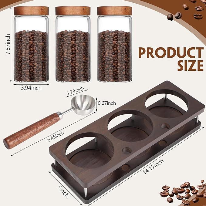 Suclain 3 Pcs Glass Coffee Bean Container 44 oz Airtight Coffee Canister with Shelf and Measuring Spoon Kitchen Food Canister Jar for Sugar Candy (Vintage Style)