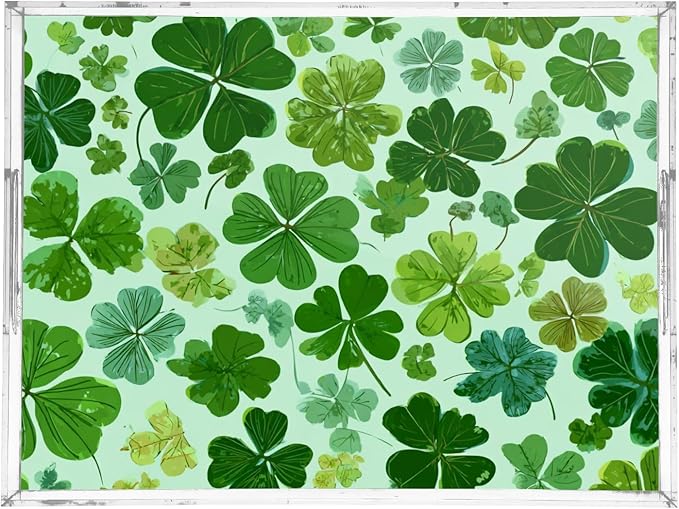 Serving Tray with Handles Clear Acrylic Tray 12x16 Inch Decorative Rectangular Tray Organizer for Ottoman Coffee Table Bathroom Green Nature St Patrick Clovers