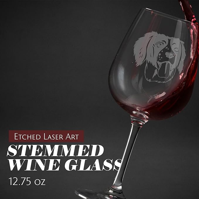 Etched Laser Art Brittany Personalized Dog Themed Etched 12.75oz Wine Glass Custom Dog Breed Wine Glasses, Ideal for Pet Lovers, Unique Birthday Gift for Men & Women, Personalized Gift