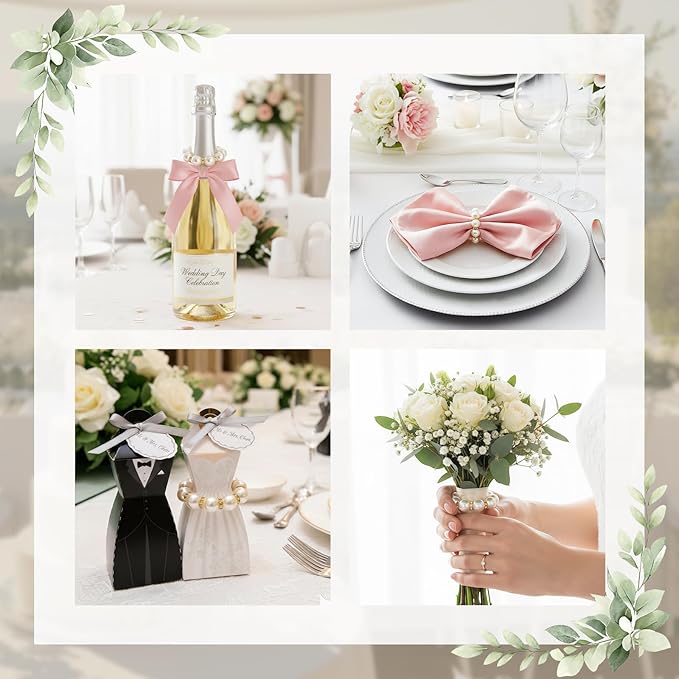 Suream 100 Pcs Napkin Rings Gold, Imitation Pearl Beaded Napkin Ring for Wedding Dinner Party Kitchen Table Birthday Decoration(White&Gold, 2 Inch)