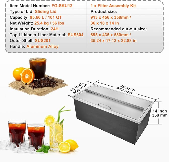 VEVOR Drop in Ice Chest, 36"L x 18"W x 14"H Stainless Steel Ice Cooler, Commercial Ice Bin with Sliding Cover, 40.9 qt Outdoor Kitchen Ice Bar, Drain-pipe and Drain Plug Included, for Cold Wine Beer