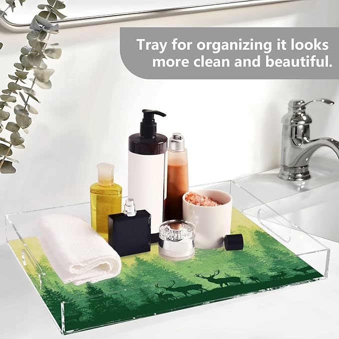 Serving Tray with Handles Clear Acrylic Tray 12x16 Inch Decorative Rectangular Tray Organizer for Ottoman Coffee Table Bathroom Gradient Yellow Green Deer Herd and Birds