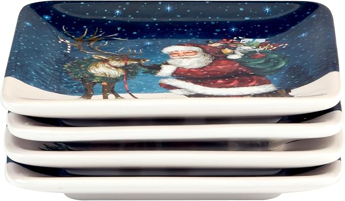 Certified International Santa’s Secret Set of 4 Ceramic Canape Plates – Perfect for hors d’oeuvres or desserts, these small plates feature Santa’s festive magic in timeless holiday style 6"