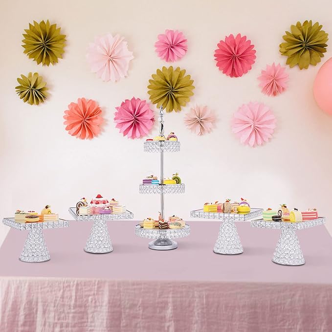 5 Pcs Silver Cake Stand Set, Acrylic Mirror Surface Vintage Cake Stand, Dessert Tower Plate Holder Decor Serving Platter Crystal Cakes Stands Wedding, Party, Baby Shower
