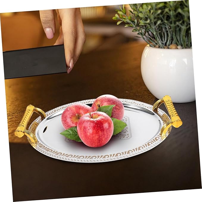 European Style Oval Stainless Steel Serving Tray for Fruit Snacks Desserts Vintage Design for Home Restaurant Use Silver with Gold Rim