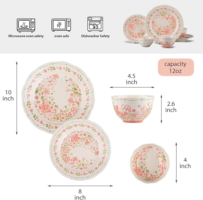 8 Piece Dinnerware Sets for 2， Scratch Resistant,microwave oven and Dishwasher Safe Plates and Bowls Sets Ceramic, Dish Set, Bowl and Plate Set -Pink peach blossom pattern