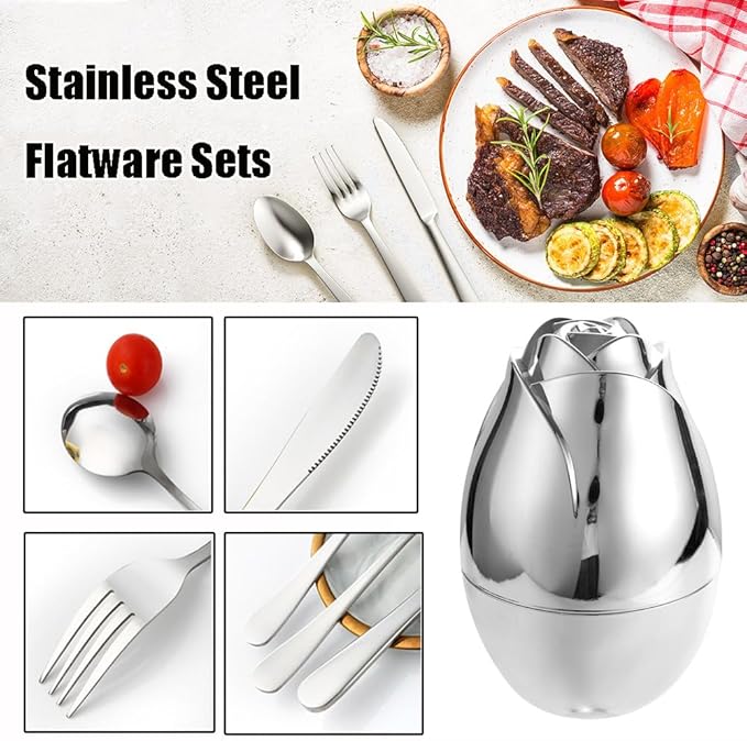 24pcs Stainless Steel Flatware Set, Rose Shape Cutlery Set, Mirror Polished Tableware Eating Utensils Set For 6, Tableware Cutlery Knife Fork Spoon Set, For Home Restaurant,Color-B