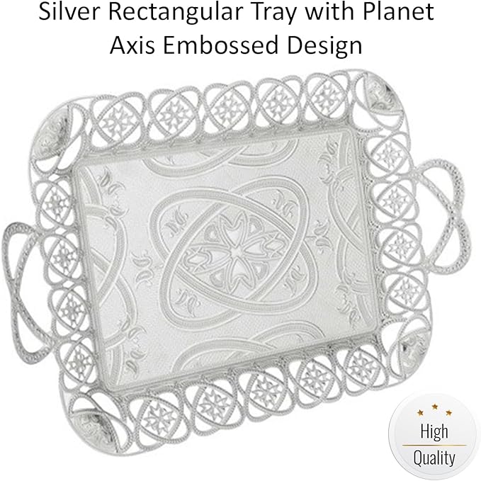 Rectangular Tray with Planet Axis Embossed Design | Eksen Metal Serving Tray | Anti-Tarnish Serving Platter | Bandeja Decorativa | Decorative, Elegant Tray | Décor Piece, 18.1"x11" (Silver)
