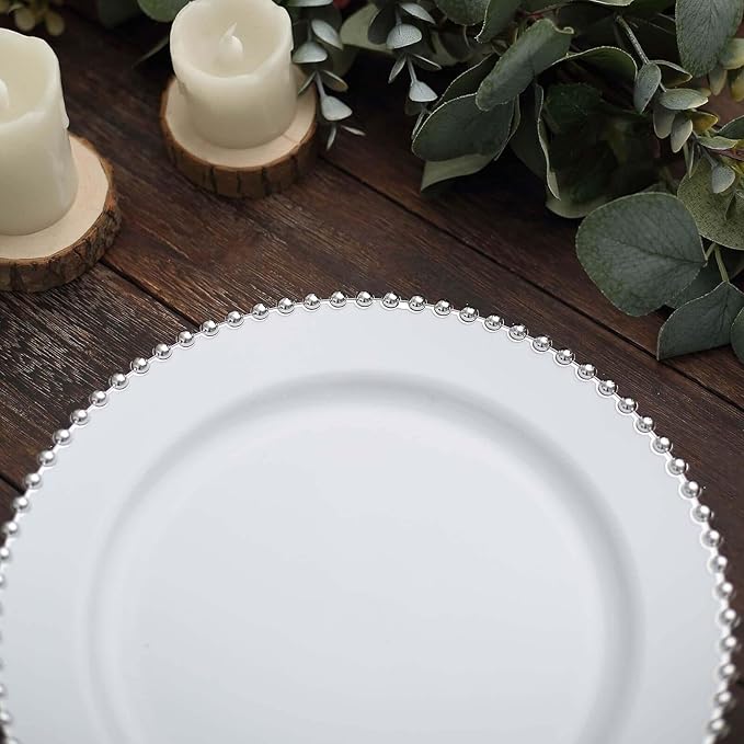 10" Dinner Plates - Set of 20 - Plastic White/Silver Round Disposable Plate Beaded Rim, Ideal for Decoration Party Wedding Bulk Events