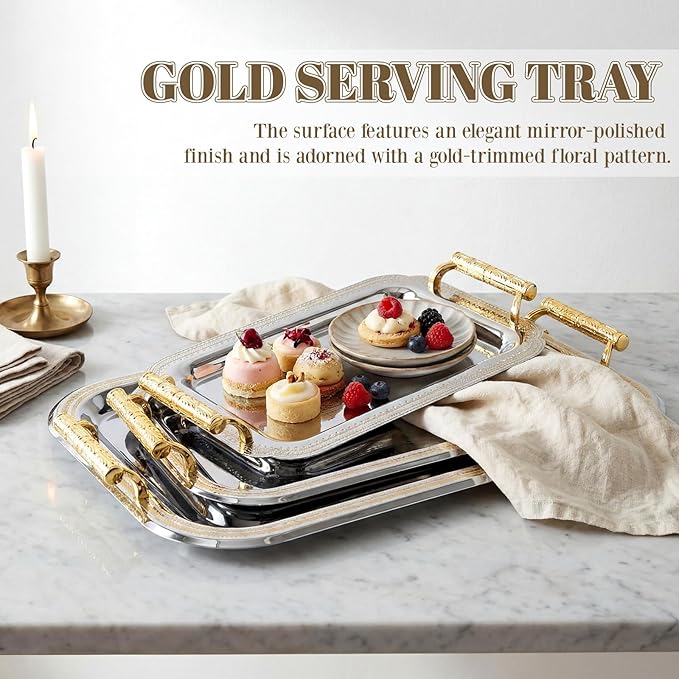 3 Pack Stainless Steel Serving Tray with Gold Handle Silver Metal Plate Platter Coffee Tea Serving Tray Floral Table Platter for Buffet Wedding Party Jewelry(Rectangle)