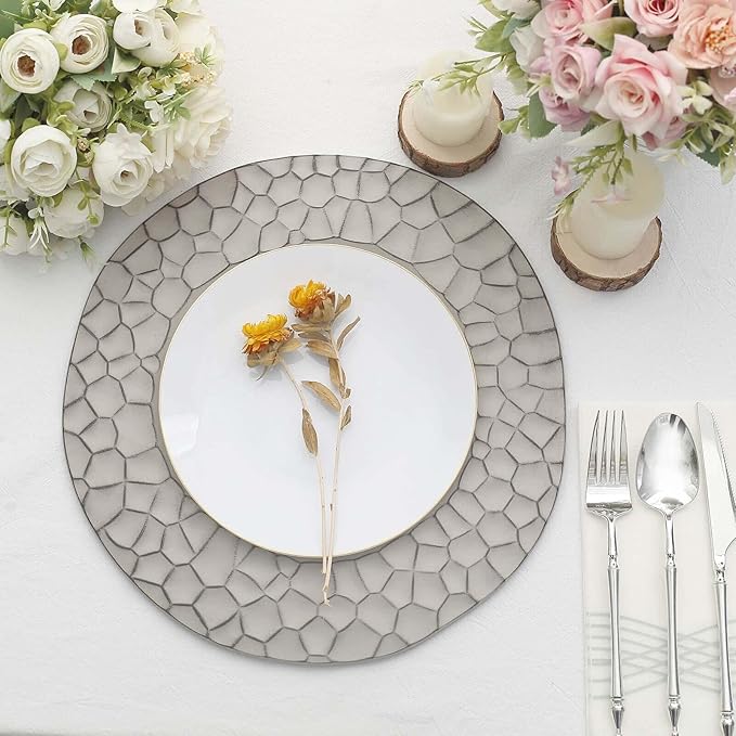 Efavormart 6 Pack | 13" Matte Gray Plastic Hammered Rim Dinner Charger Plates, Decorative Disposable Irregular Round Serving Plates
