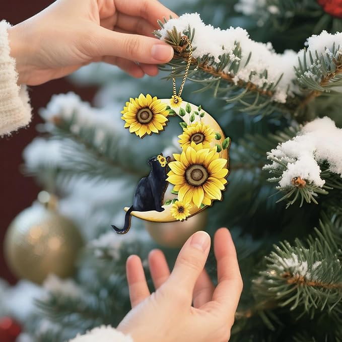 34HD Black Cat Christmas Ornament 2025 – Wooden Hanging Xmas Tree Ornament Decoration, Cute Christmas Keepsake Gifts and Home Decor with Sunflower Design for Cat Lovers and Garden Fans
