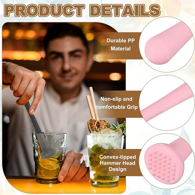 uxcell 8 Pcs Cocktail Muddler, 8 Inch PP Drink Muddler Bar Accessories Tools Ice Crusher for Home Party Cocktail Fruit Drinks, Pink (Thin)
