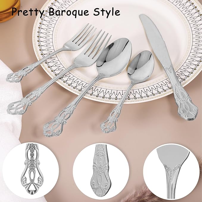 Silverware Set for 8, Stainless Steel Gorgeous Retro Royal Flatware Set, 40-Pieces Cutlery Tableware set, Kitchen utensils set Include Spoons And Forks Set, Mirror Finish, Dishwasher Safe