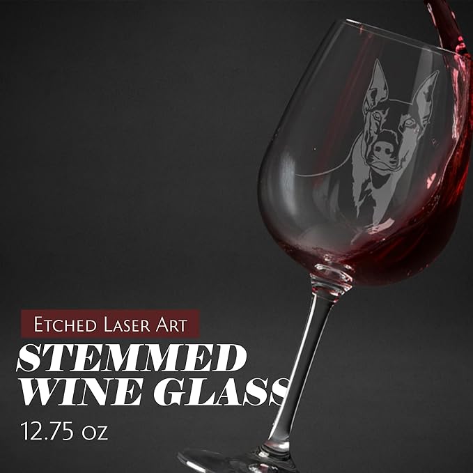 Etched Laser Art Doberman Pinscher (Dobermann) Personalized Dog Themed Etched 12.75oz Wine Glass Custom Dog Breed Wine Glasses for Pet Lovers, Personalized Birthday Gift for Men & Women