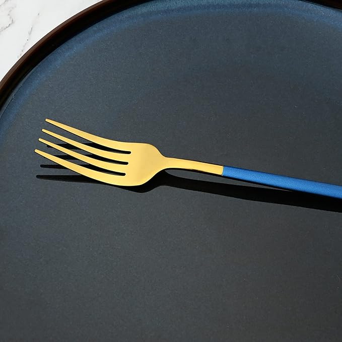 24-Piece Flatware Set, 18/0 Stainless Steel Knife Fork Spoon Teaspoon Silverware Set, Service for 6, Blue slender handle Gold