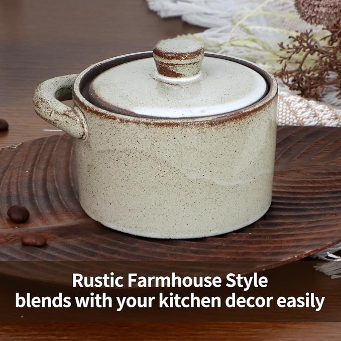 Speckled Ceramic Salt Cellar with Lid and Wooden Spoon, Rustic Spice Jar, Farmhouse Sugar Bowl for Sea Salt, Sugar, Spice and Kitchen Decor (Light Gray)