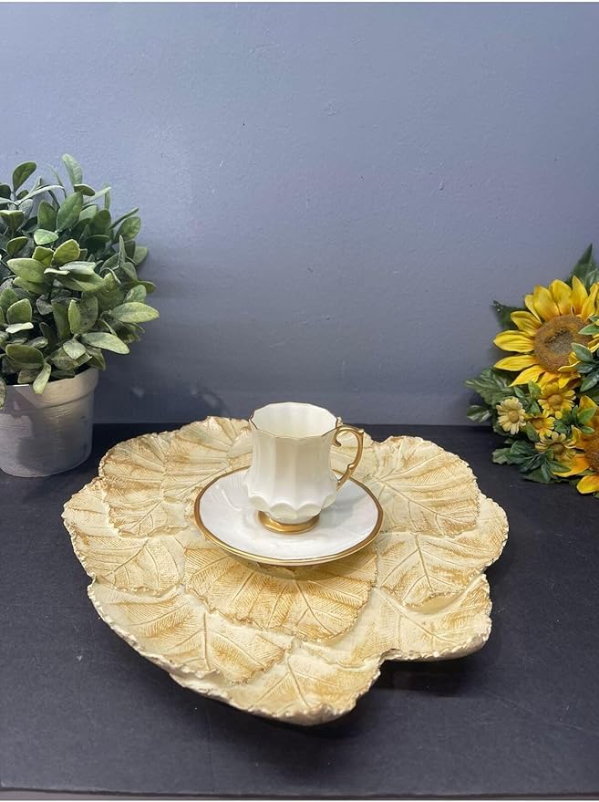 Leaf Serving Tray Decorative Polyester Silver Black Antique Finish, Abstract Home Decor, Tabletop Ornament, One Size - Cream Gold Antique Finish, One Size