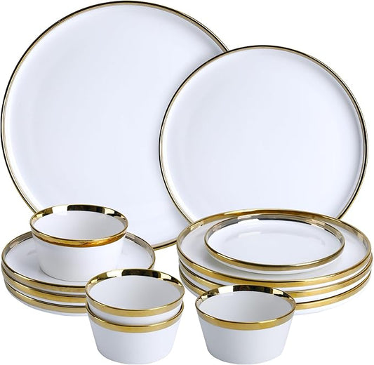 Premium Dinnerware Set 12-Piece with Gold Rim, Service for 4,White Bone China Porcelain Plates & Bowls, Chip Resistant, Microwave and Dishwasher Safe for Fine Dining Set