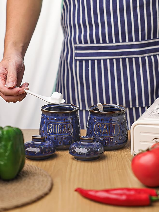 GDCZ 10 Oz Ceramic Salt and Sugar Bowls Set with Lid and Spoons, Seasoning Container, Dishwasher Safe, Set of 2 (Blue)