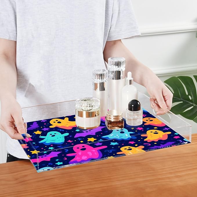 Serving Tray with Handles Clear Acrylic Tray 12x16 Inch Decorative Rectangular Tray Organizer for Ottoman Coffee Table Bathroom Neon Halloween Ghosts Stars Bats