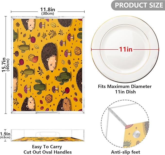Serving Tray with Handles Clear Acrylic Tray 12x16 Inch Decorative Rectangular Tray Organizer for Ottoman Coffee Table Bathroom Hedgehogs Cactus Orange