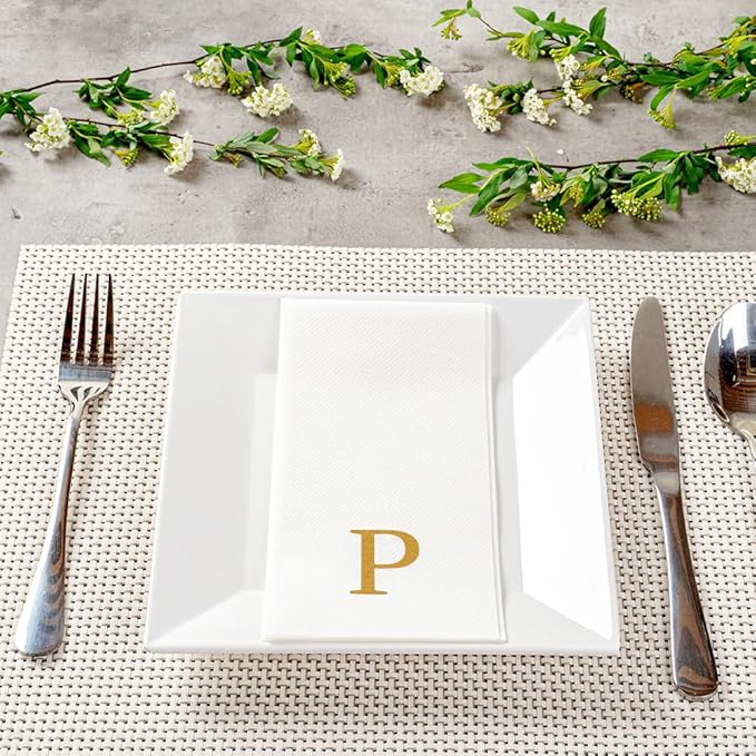 Luxenap 15.8 X 7.9 Inch Linen-Feel Guest Towels, 50 Lettered Hand Towels - Gold Letter 'P', Sans Serif Font, White Paper Dinner Napkins, airlaid, For Restrooms And Tables