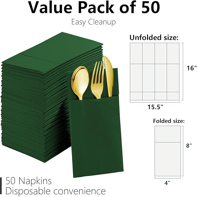 Pine Linen Feel Napkins with Flatware Pocket, 50 Pack Cloth Like Pre-Folded Napkins for Silverware, Guest Hand Towel for Dinner Party Wedding Decoration (16. x 15.5 inch)