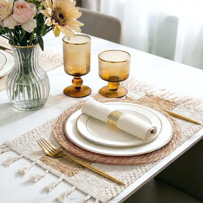 Placemats Set of 4-11.8inch Round Woven Rattan Place Mats & 11.8" x 17" Cotton Braided Placemat for Dining Table Boho Decor, Rustic Farmhouse Wicker Dinner Charger Plates Heat Resistant, 8Pcs