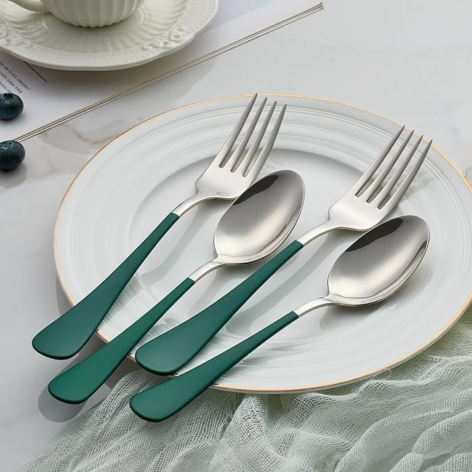 24 piece Green Forks and Spoons Silverware Set,Green Handle Silverware 18/0 Stainless Steel Flatware Bulk Forksand Spoons Dessert Forks of 24