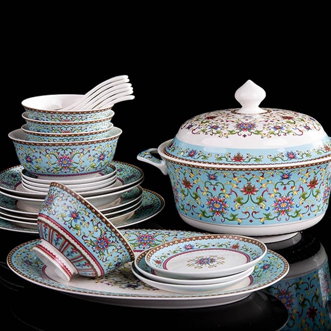 Luxury Tableware Set Tableware Dishes Plates Ceramic Combination Dinner Service Set of Bowls Dessert Plates Soup Plates Dinner Plates 60 Piece Yellow (Blue)