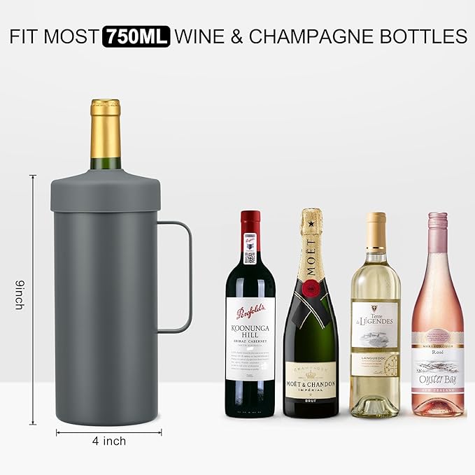 MAXSO 42oz Wine Chiller Iceless Cooler Tumbler - Gift for Wine Lovers, 2-IN-1 Stainless Steel Vacuum Insulated Bucket Portable Mug Cup Wine Accessory Keep Cold, Fit Most 750ml Wine & Champagnes, Grey