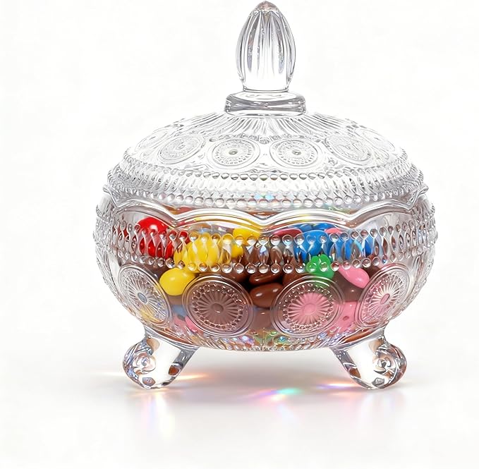 Glass Candy Dish with Lids Crystal Candy Jar Home Decorative Covered Glass Jar Wedding Buffet Jewelry Box 10 oz Cookie Jar Biscuit Containers for Snacks Office Desk Party Coffee Beans (Coastal)