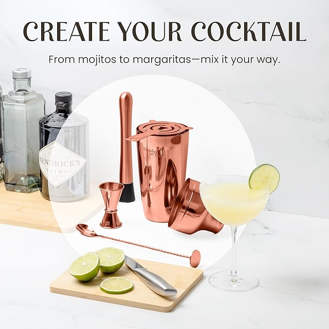 Mixology & Craft Bartender Kit: 10-Piece Cocktail Shaker Set with Dark Bamboo Stand | Complete Cocktail Kit Gift Set | Top Bartender Gifts for Men & Women | Leak-Proof Design (Copper)