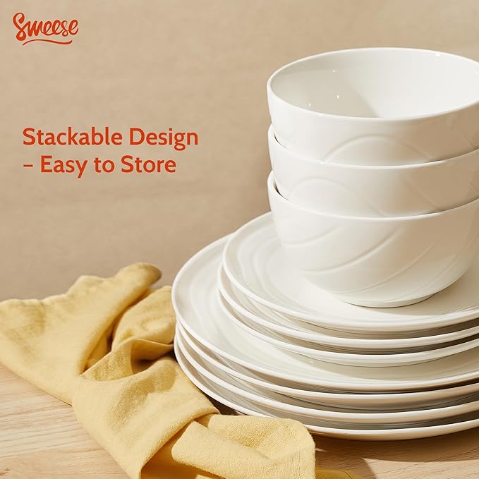 Sweese Porcelain Dinnerware Sets for 6, 18 Pieces Ceramic Plates and Bowls Sets, Handcrafted Minimalist Dinner Set, Chip and Scratch Resistant Dish Set, Dishwasher & Microwave Safe, White