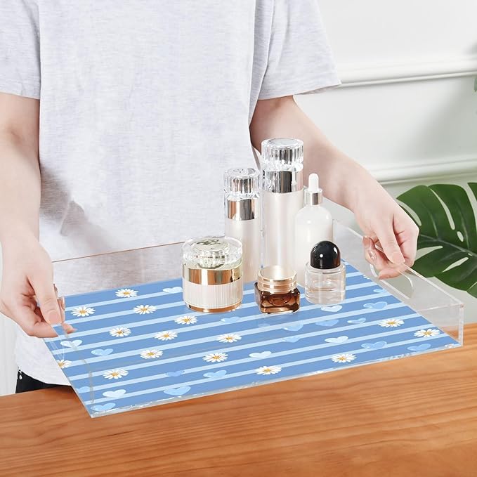 Serving Tray with Handles Clear Acrylic Tray 12x16 Inch Decorative Rectangular Tray Organizer for Ottoman Coffee Table Bathroom Blue Striped Hearts and Daisy