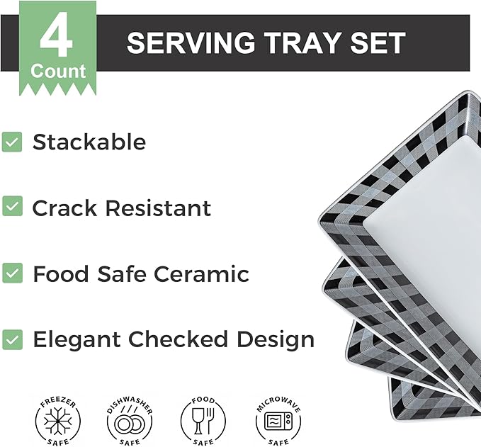 YHOSSEUN Ceramic Serving Platters Set of 4, Appetizer Serving Dishes Rectangular Dinner Sushi Plates for Parties, Halloween Table Decor, Checkered, 10 Inch