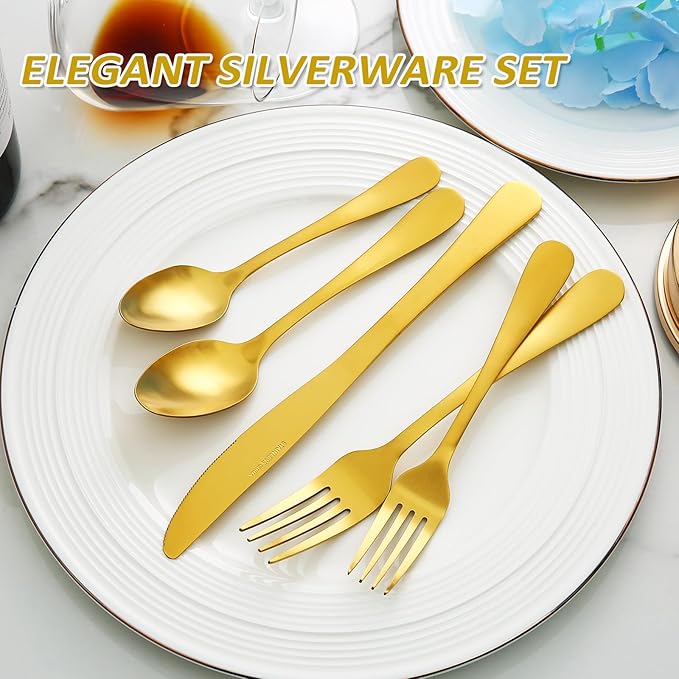 Gold Silverware Set, Lorena 20 Piece Golden Cutlery Set Gold Utensils Set Stainless Steel Flatware Kitchen Utensils Set Silverware Set, Include Fork Knives Spoons for Home Restaurant Hotel