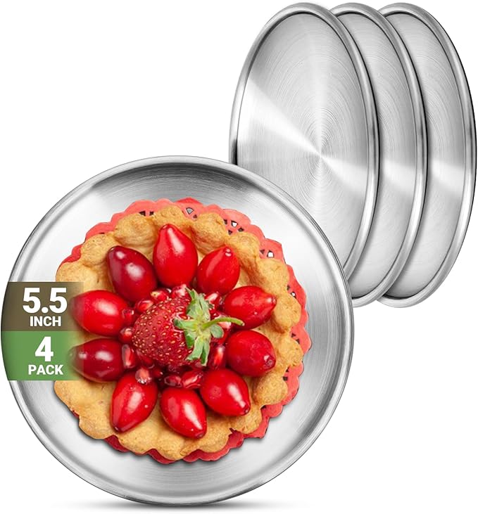 Stainless Steel Plates, 4 Pack 5.5 inch 304(18/8) Metal Food Serving Plate Set, Reusable Snack Eating Dishes Round Shatterproof Plate Silver Dinnerware for BBQ Dinner Oven Dishwasher Safe