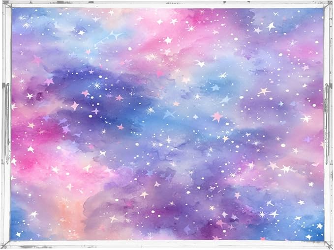 Serving Tray with Handles Clear Acrylic Tray 12x16 Inch Decorative Rectangular Tray Organizer for Ottoman Coffee Table Bathroom Tie Dye Dots and Stars