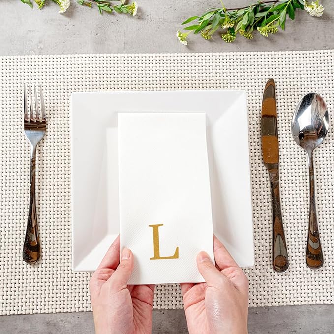 Luxenap 15.8 X 7.9 Inch Linen-Feel Guest Towels, 2000 Lettered Hand Towels - Gold Letter 'L', Sans Serif Font, White Paper Dinner Napkins, airlaid, For Restrooms And Tables