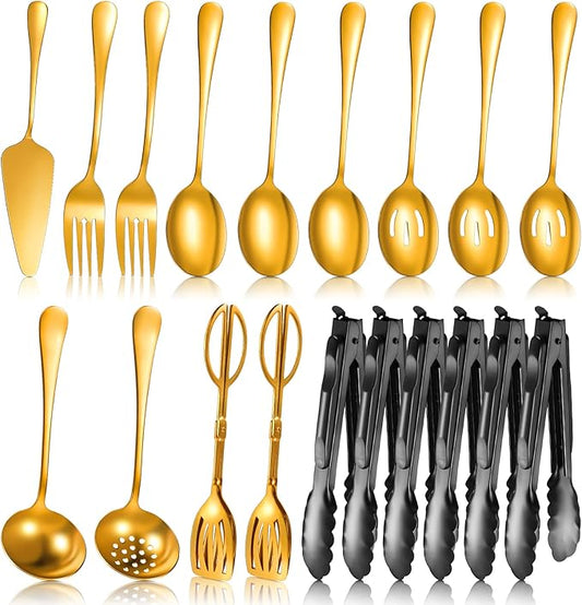 19 Pieces Serving Flatware Set Including Stainless Steel Spatulas, Forks, Spoons, Perforated, Soup, Skimmers Spoon, Buffet Tongs, Heavy Duty Serving Tongs for Home(Gold)
