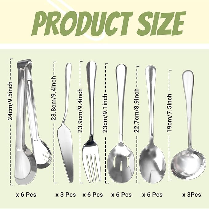 30 Pcs Stainless Steel Serving Utensils Set,With Large Spoons, Slotted Spoons, Forks, Soup Ladle, Pie Server, and Tongs for Home Buffet Party Supplies(Silver)