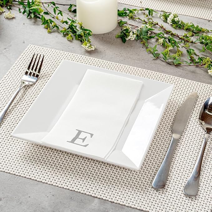 Luxenap 15.8 X 7.9 Inch Linen-Feel Guest Towels, 50 Lettered Hand Towels - Silver Letter 'E', Sans Serif Font, White Paper Dinner Napkins, airlaid, For Restrooms And Tables - Restaurantware