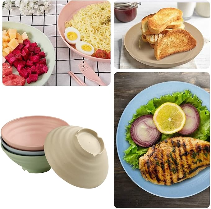 WANBY Lightweight Wheat Straw Cereal Bowls Unbreakable Dinner Dishes Bowl Set Dishwasher & Microwave Safe (4 Pack 34Oz)