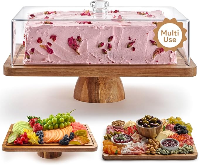 Acacia Wood Christmas Cake Stand with Lid - Rectangle Cake Holder, Holiday Hosting Essential, 2-in-1 Festive Dessert Display & Charcuterie Board for Cheese, Chips, Acrylic Dome Cover