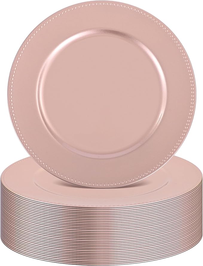 36 Pcs Rose Gold Charger Plates Round Charger Plates13 Inch Bulk Wedding Dinner Elegant Reusable Plastic Chargers Plates Wedding Holiday Party Baby Shower Event Decoration (Rose Gold)