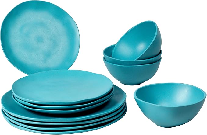 Organic Coupe Wheat PolyPro 12-Piece Dinnerware Set, Azure